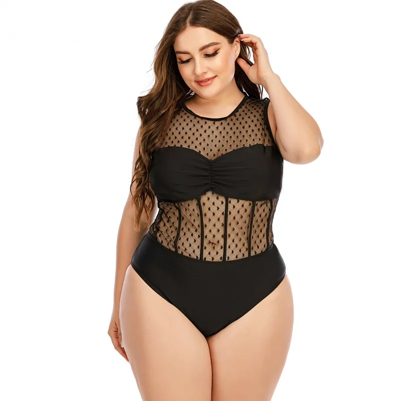 

Sexy Plus Sizes Swimwear One Piece Monokini Women Large Size Swimsuit Black Sheer Bathing Suit Push Up Big Breast Solid