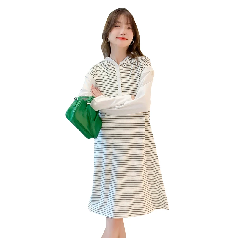 

Корейский стиль Осенняя Одежда для беременных повседневное свободное Хлопковое платье для беременных с длинным рукавом полосатое платье для беременных с капюшоном толстовки