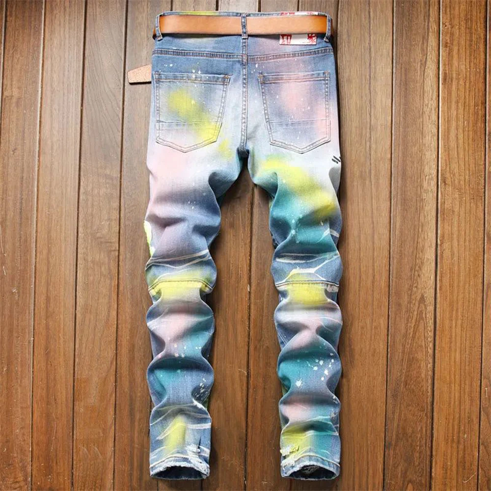 Men Jeans Printing Slim Fit Denim Trousers Biker High Quality Male Stragiht Casual Designer Embroidery  Graffiti  High Street