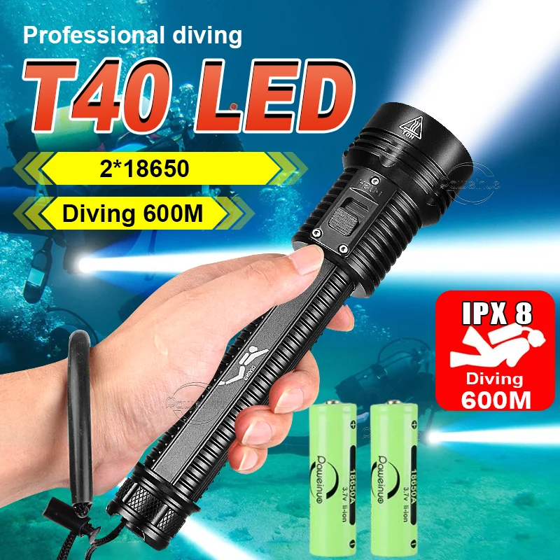 T40 Подводный фонарь IPX8 фонарик для дайвинга 2*18650 профессиональный подводного