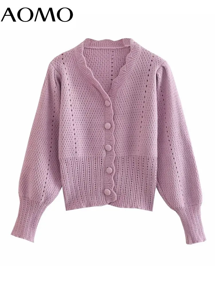 

AOMO Women Hollow Crop Cardigan Vintage Jumper 2022 Female Knitted Cardigan 1F104A