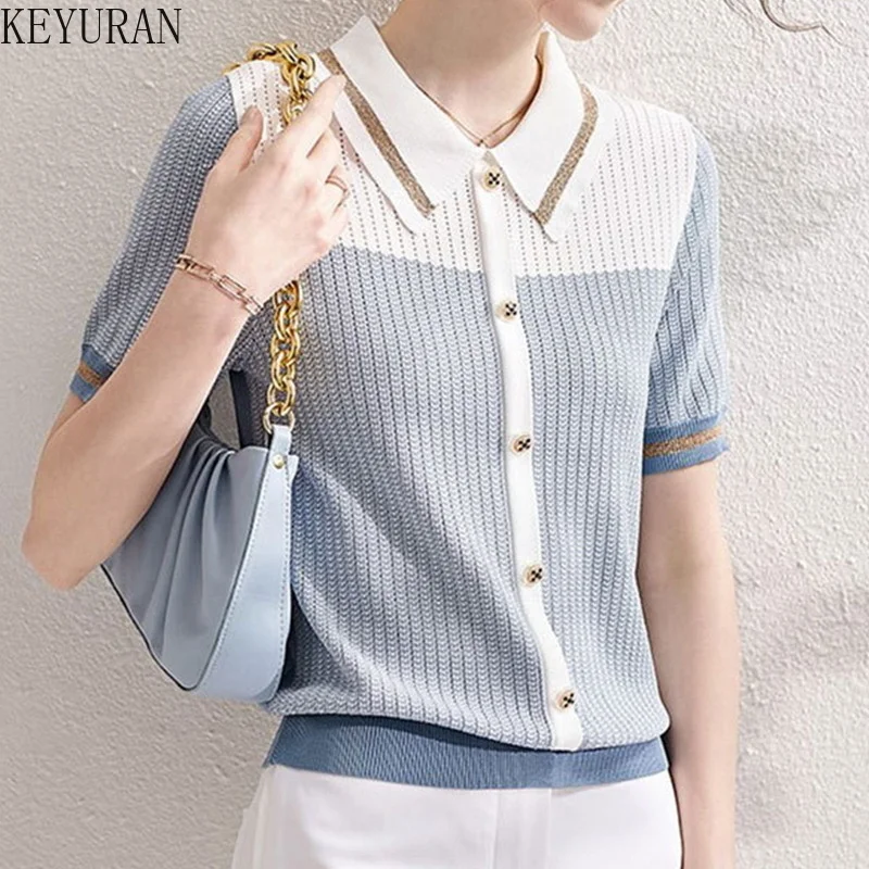 

Ice Silk Hollow Knitted Cardigan Women Summer 2023 New Loose Lapel Contrast Color Short Sleeve Sweater Female Knitwear Crop Top