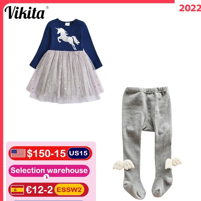 

VIKITA Girls Clothing Sets Long Sleeve Unicorn Princess Tutu Dress and Girls Tights Angel Wing Pantyhose Knitted Stockings