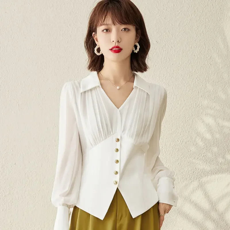 Новая модная белая женская рубашка весна 2022 шифоновая блузка с рюшами и