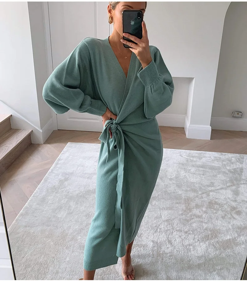 

Long Women Knitted Wrap Dress Spring Oversize Elegant Day Midi Dress Sexy V Neck Knitwear Robe 2021 Ladies Clothes