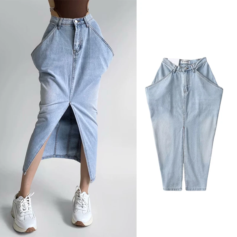 

TRAF ZR Demin Skirt Long Hight Waist Y2k Streetwear Chic and Elegant Woman Skirt with Slit Big Pocket Stylish Skirts Summer 2023