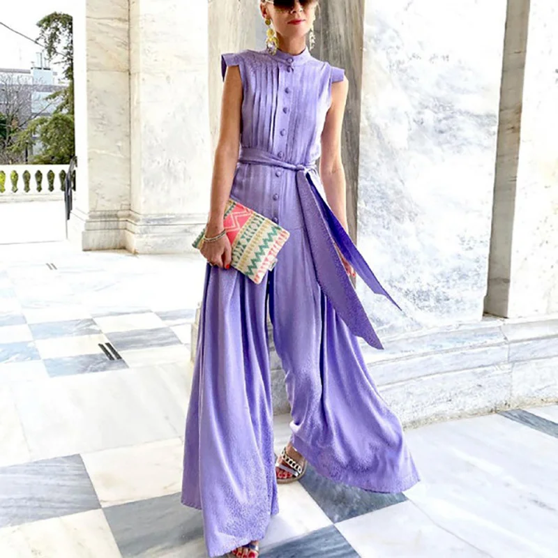 Elegant Slim Sleeveless Summer Loose Party Jumpsuits Fashion Stand Collar Chiffon Button Printed Lace-up Wide-leg Pants Jumpsuit