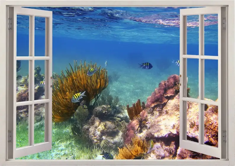 

Underwater wall sticker Coral reef fishes 3D window, fishes underwater wall decal for home decor, sea wall art for home decorati