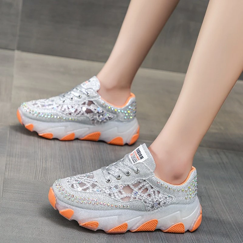 Hollow Out Shiny Crystal Sneakers Women 2022 Spring Breathable Mesh Casual Shoes Woman Thick Bottom Platform Sport Shoes