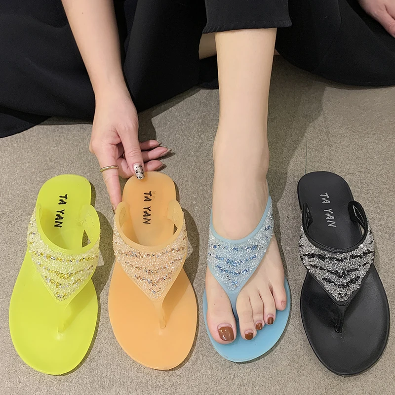 

Women's Home Flat Slippers Women Rhinestones Flip Flops 2022 Summer Beach Non-slip Slides Ladies Casual Shoes zapatos de mujer