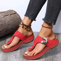 summer clip toe women slippers round head romanesque style metal clasp wedge large size flip flops fashion solid color sandals