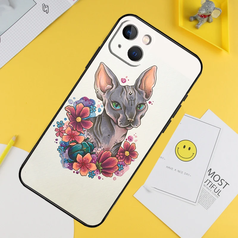Фото Чехол для телефона Tattoo Sphinx Cat для iPhone 16 Pro 15 Pro 13 12 Mini 11 14 Pro Max XR 16 15 Plus 16e Cover Coque №2