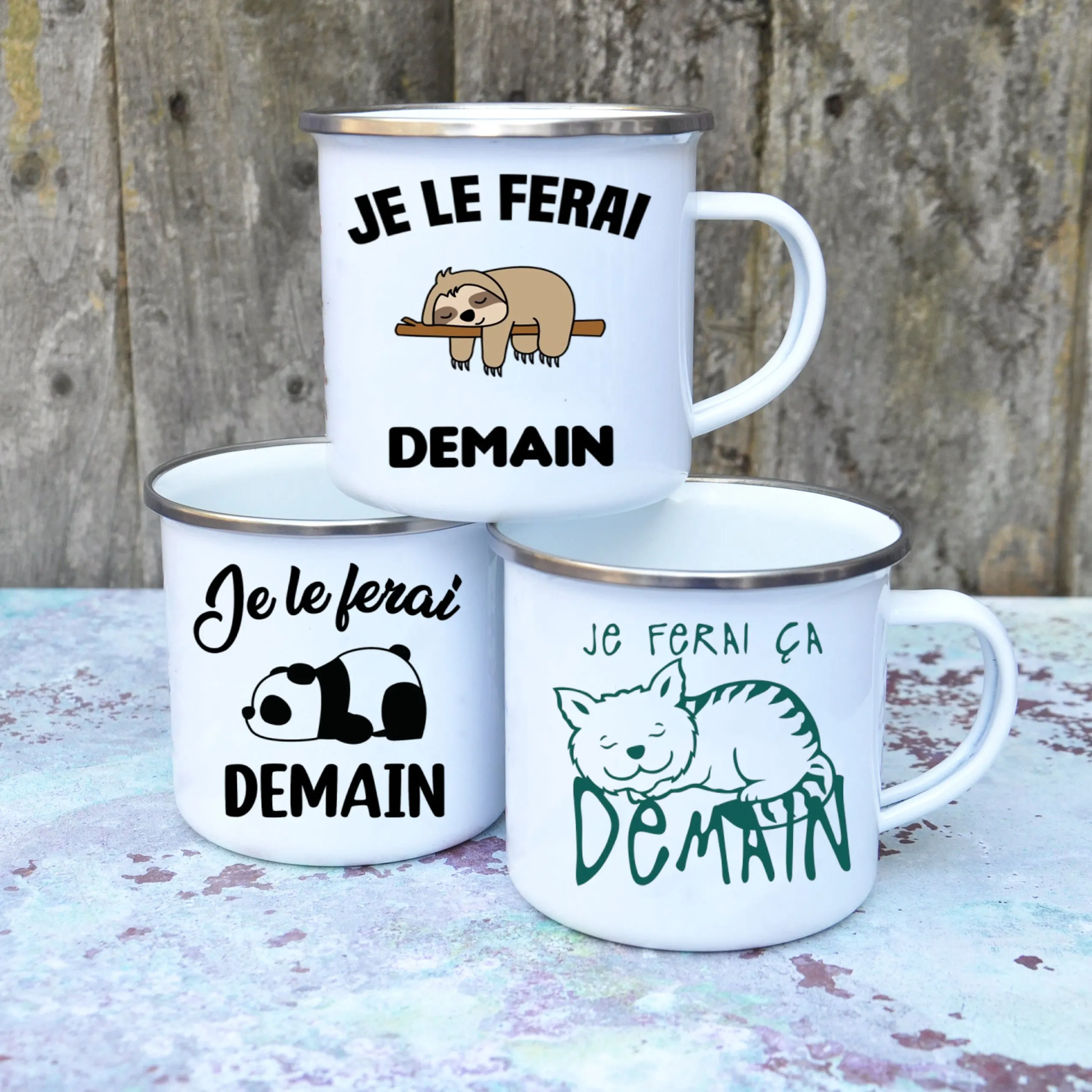 

Cute Enamel Coffee Mug With Handle Milk Wine Beer Drink Juice Cup Best Outdoor Festival Gift French I Will Do It Tomorrow Mugs
