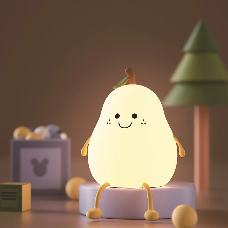 

LED Pear Fruit Night Light USB Rechargeable Dimming Table Lamp Touch Silicone Cabinet Lamps For Children Bedroom Decoration