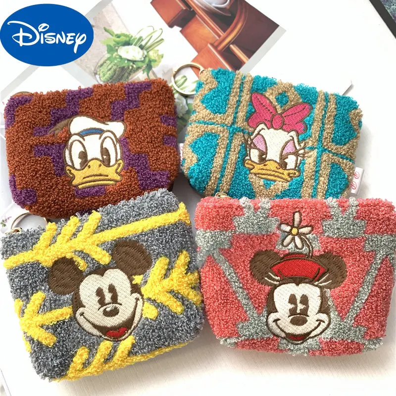 Disney Cute Minnie Wool Embroidery Mickey Coin Purse Cartoon PU Key Bag Student Car Door Card Storage