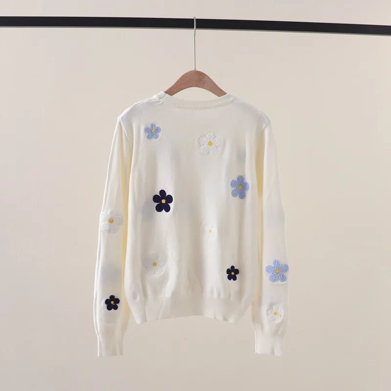 Женский свитер с цветочной вышивкой Свободный пуловер круглым вырезом и длинным