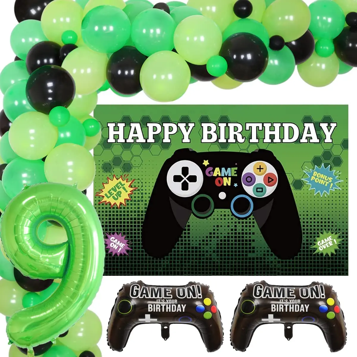 

Funmemoir Video Game 9th 13th Birthday Party Decorations Supplies Green Balloon Garland Arch Kit Backdrop Gamer Party Supplies