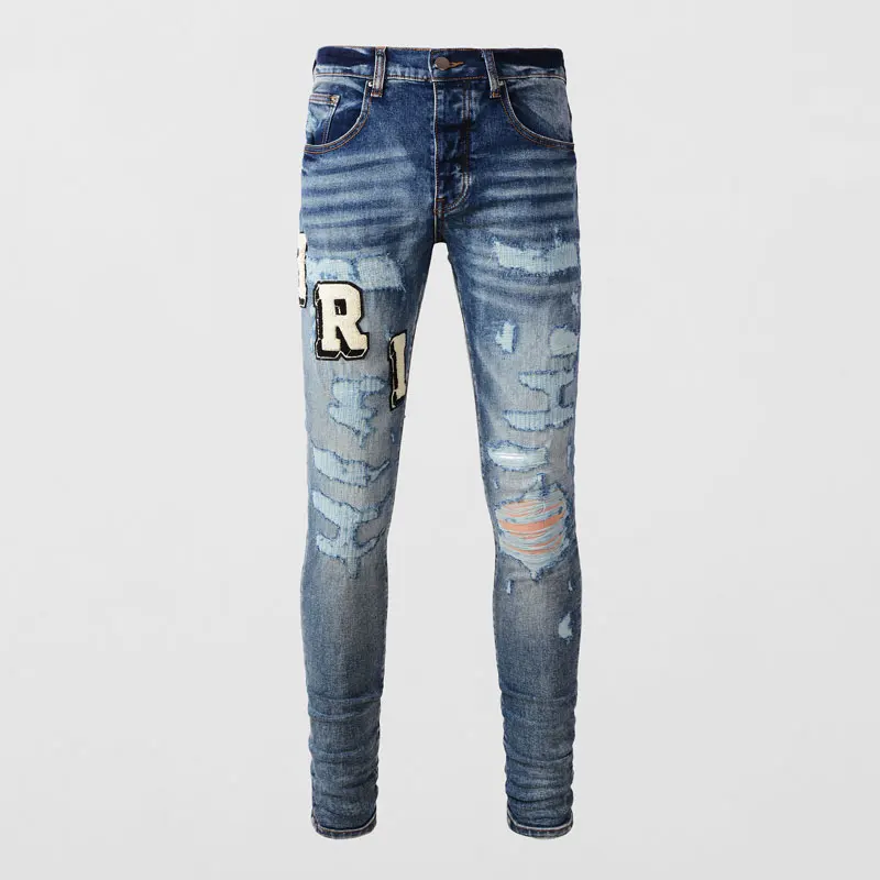 

High Street Fashion Men Jeans Retro Washed Blue Stretch Skinny Fit Ripped Jeans Men Patched Designer Hip Hop Brand Pants Hombre
