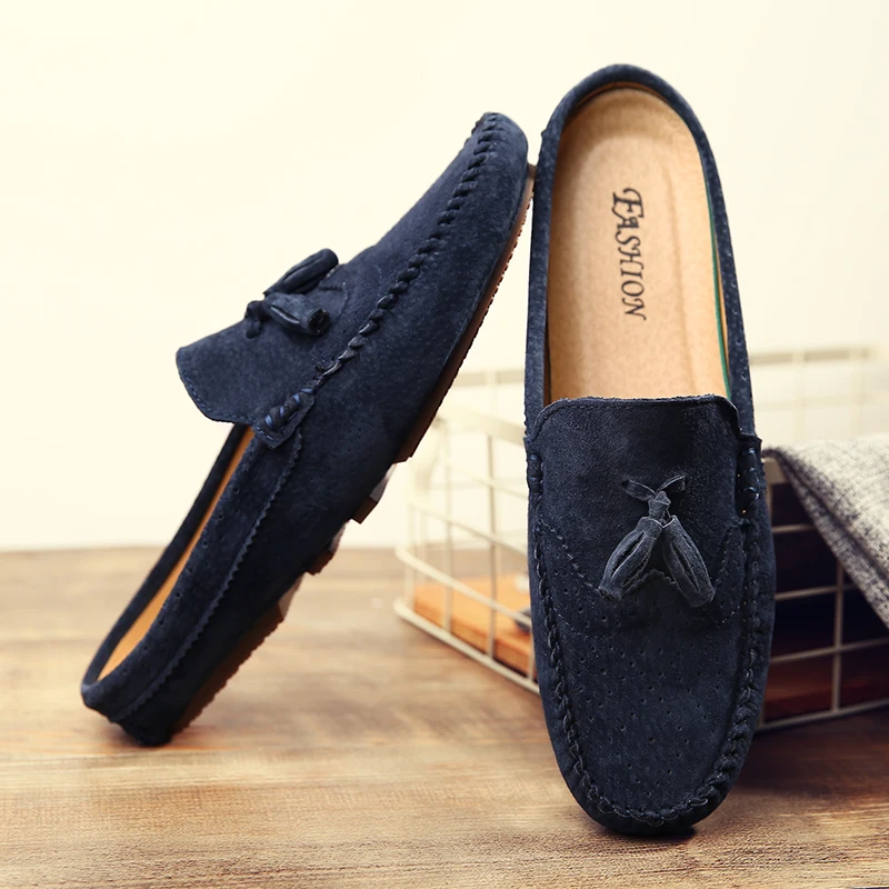 

New Half Slipper Men Loafers Luxury Suede Leather Shoes Men Slippers Italian Fashion Lazy Boat Shoes Men Slip on Muller Shoes
