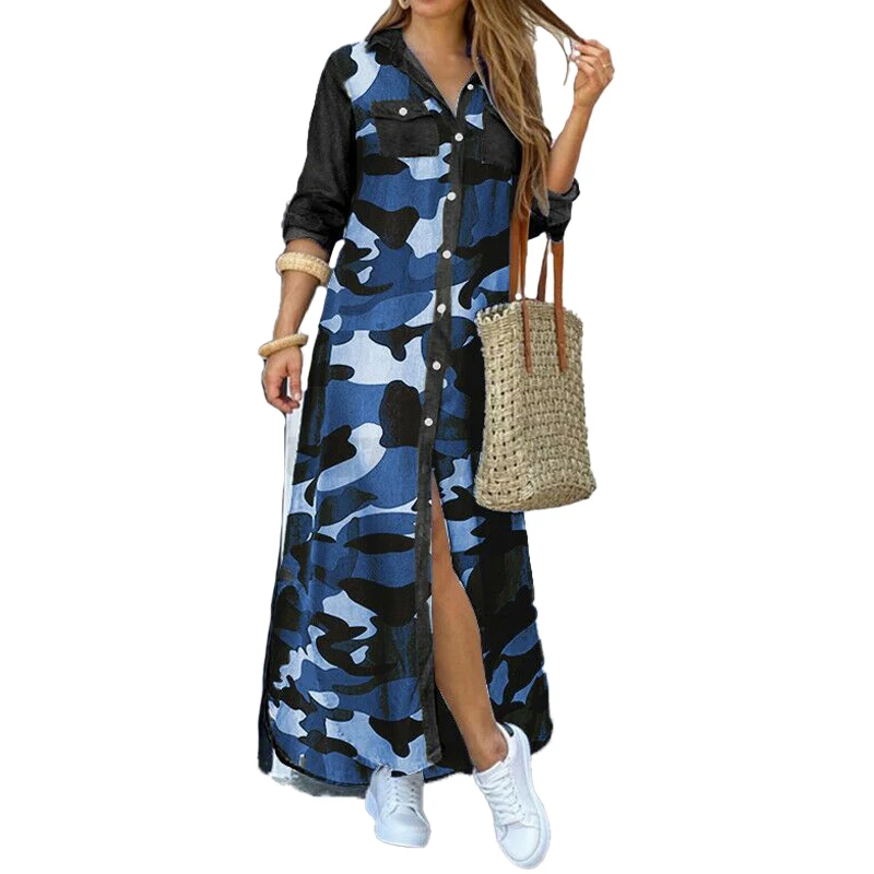 

Long Sleeve Loose Dress Ladies Fashion Print Party Wear TemperamentNew Spring Summer Lapel Retro Sexy Button Shirt Long Skirt