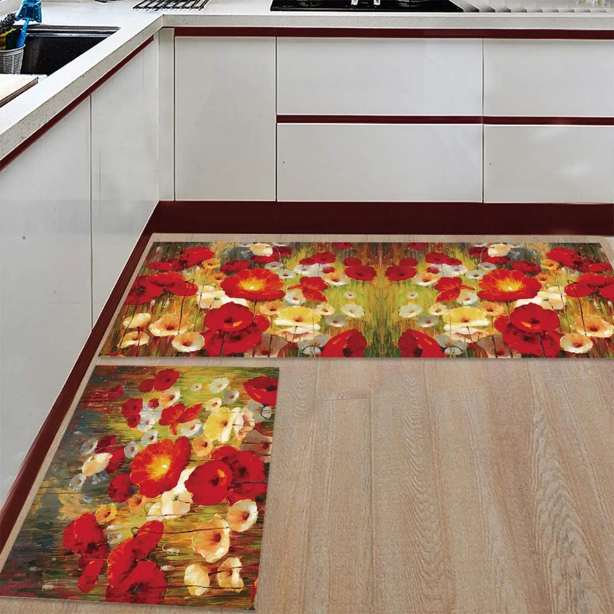 

3D Flower Print Kitchen Mat Home Light Luxury Porch Door Mat Bathroom Door Carpet Living Room Washable Non-slip Mat