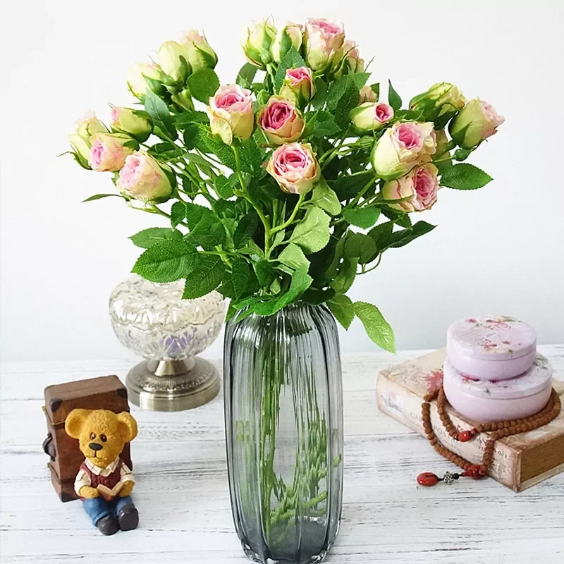 

4 Heads Artificial Flowers Long Stem Wedding Decoration Silk Rose Fake Flowers Plastic Branches with Leaves Home Hotel Decor