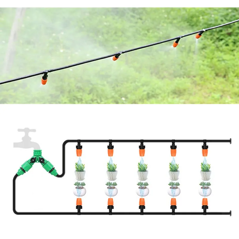 40m Misting Sprinkler Set 2-Outlet Hose Splitter Irrigation Sprayer Self Watering Kits with Adjustable Misting Micro Sprinkler