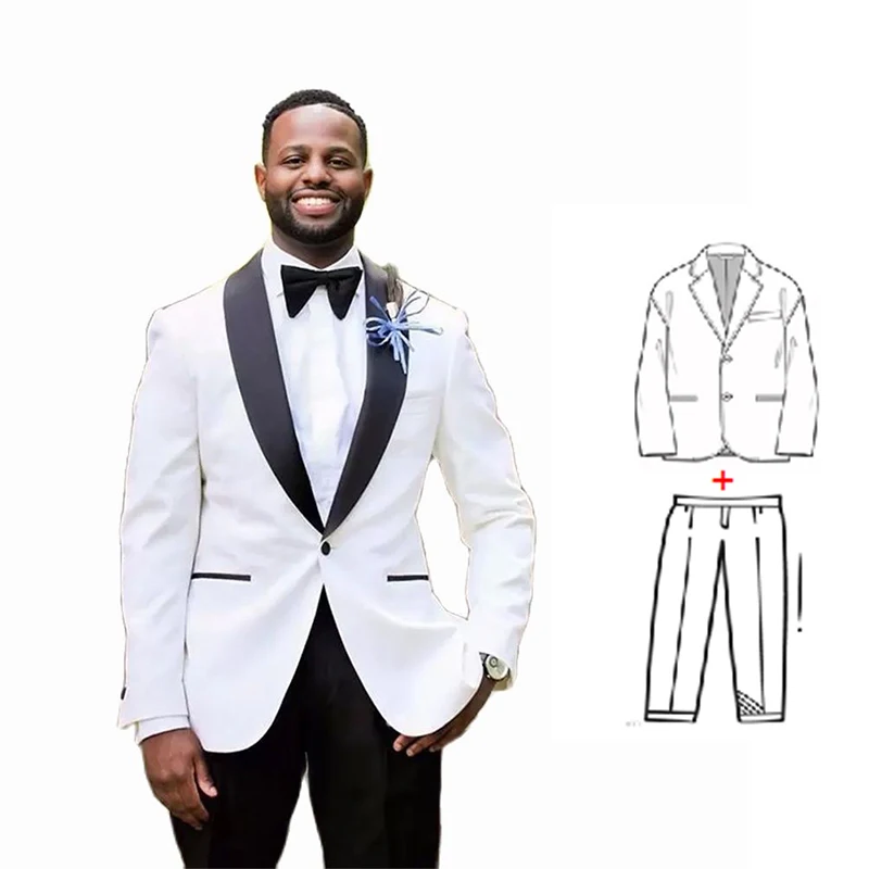 White Wedding Suits for Groom 2 Pieces Slim Fit Black Satin Lapel Best Man Groomsmen Wedding Tuxedo Costume Homme (Jacket+Pants)