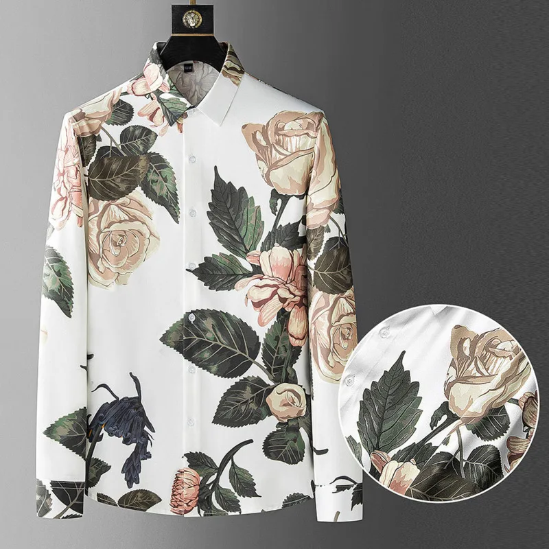 

2022 Fall Flower Embroidery Shirt For Men High Quality Long Sleeve Casual Shirt Social Streetwear Business Formal Dress Shirt