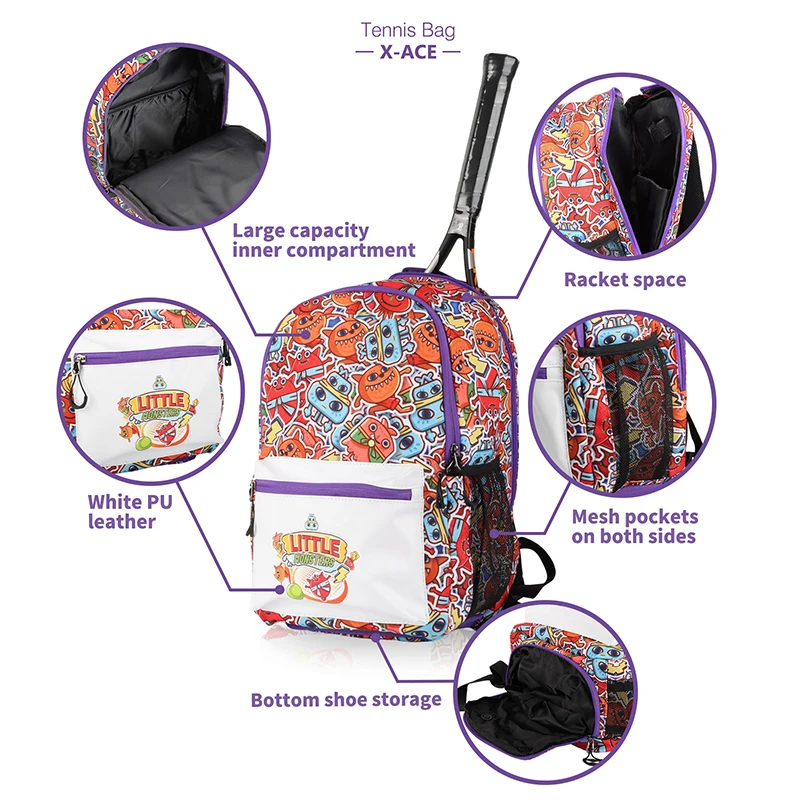 X-ACE Tennis Bag for Children Kids Large Capacity Sports Badminton Tennis Backpack with Shoe Compartment