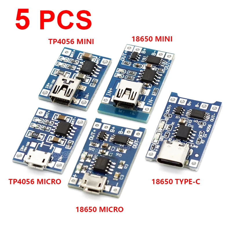 

5 шт., 5В 1A Micro/Type-c/Mini 18650 TP4056 модуль зарядного устройства литиевой батареи, зарядная плата с защитой, две функции, li-ion