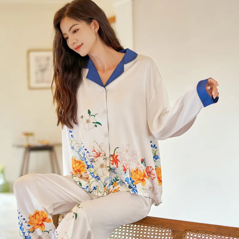 FALLINLAOE High Quality Women's Pajamas Set Floral Print Faux Silk Nightie Luxury Homewear Leisure Sleepwear Loungewear Female