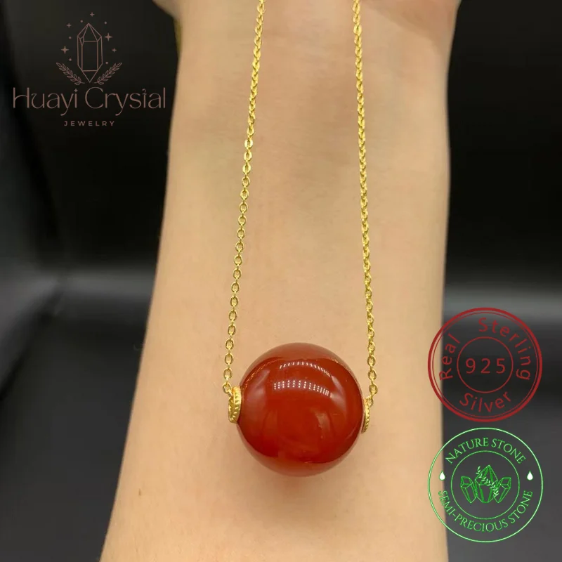 

Natural Red Agate Round Bead Pendantbrass 18ct Yellow Gold Plated Necklace Ladies' Fashion Jewellery
