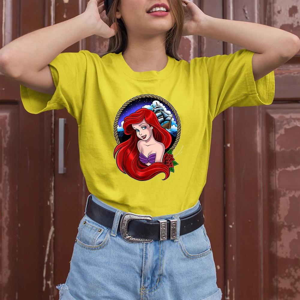 

Summer New Disney Princess Short Sleeve Women T Shirts Ariel The Little Mermaid Cartoon Print Comfort T-shirts Female Harajuku