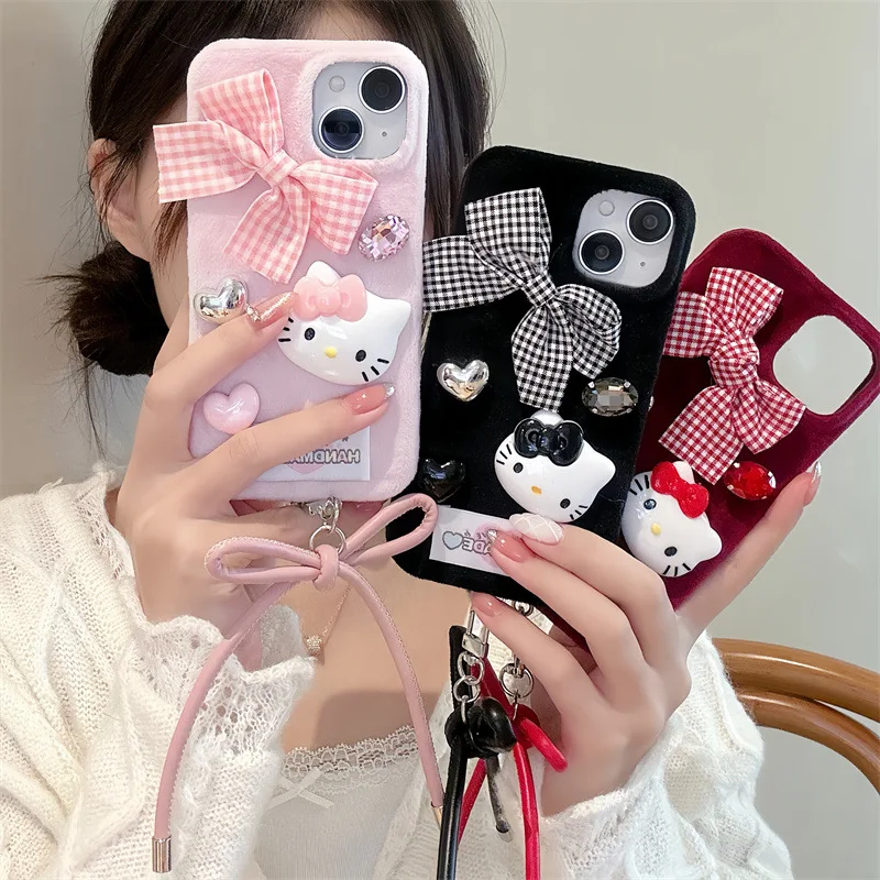 Cute Hello Kitty Plush Bow embroidery Kawaii Phone Case For Iphone 16 15 14 13 Promax Y2k Sweet Girl Protective Cover