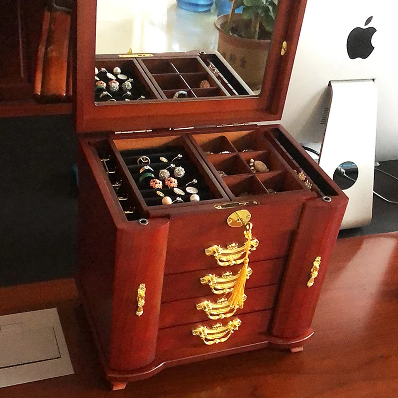 Multi Layer Jewelry Box Storage Organizer Case Large Capacity 360 Wood with Lock Luxury Storage Box Jewelry Drawer Mirror Gift