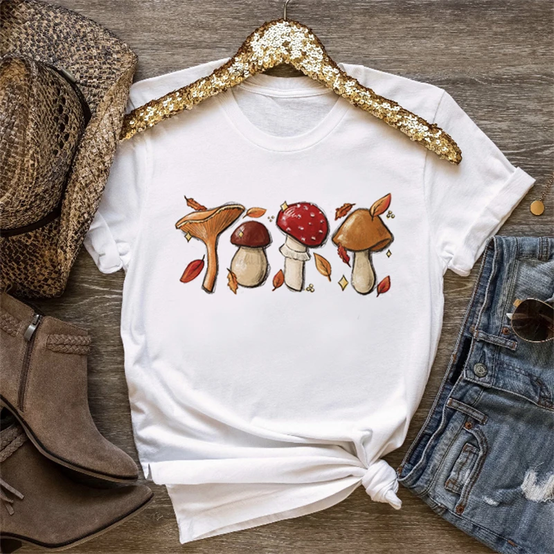 

Топ в стиле Харадзюку, женская футболка, модная повседневная женская футболка с мультяшным рисунком грибов, базовая женская футболка с круг...