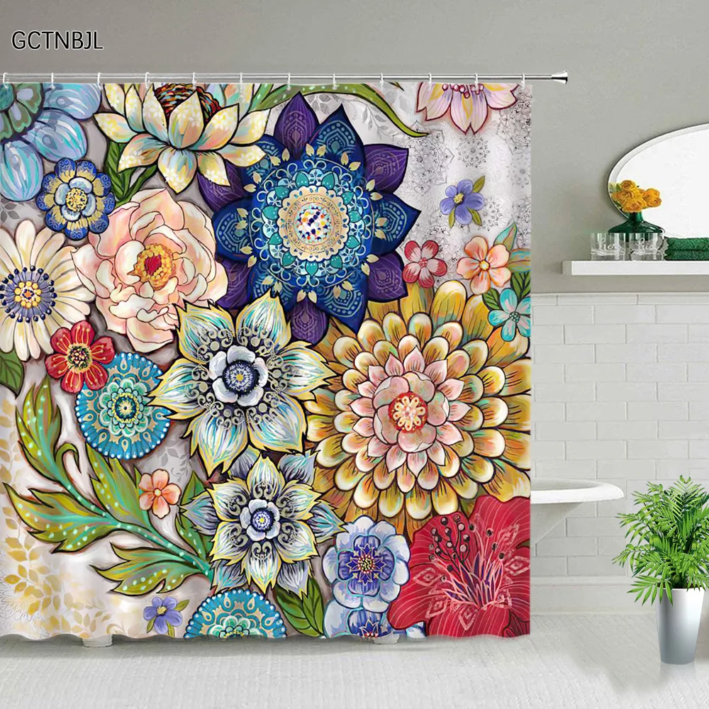 

Шторы для душа в богемном стиле с рисунком мандалы и цветов, эстетичный экран для ванной из полиэстера, декоративный набор для ванной комнаты с крючками