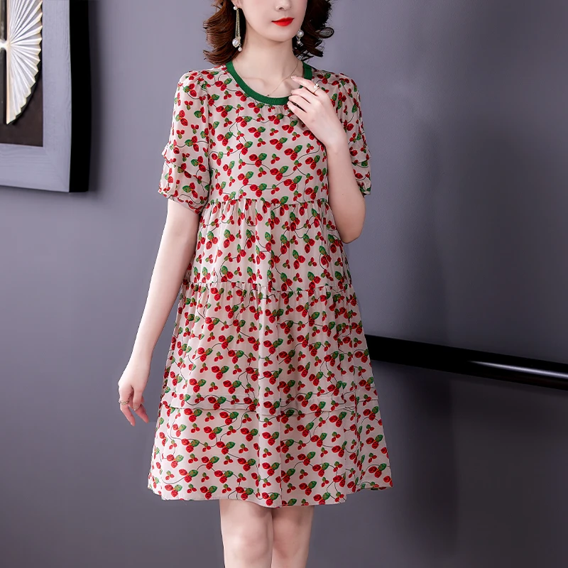 

Women's High End Floral Round Neck Silk Dress Summer 2022 Plus Size Loose Tight Mini Skirt Casual Elegant Party Skirt Vestidos