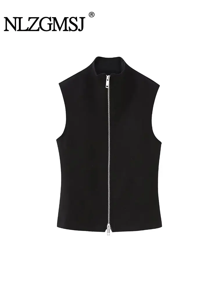 

Nlzgmsj TRAF Y2K Black Stretch Women Waistcoat 2023 Autumn Stand Collar Zipper Sleeveless Jacket Vest Female Crop Top Tanks