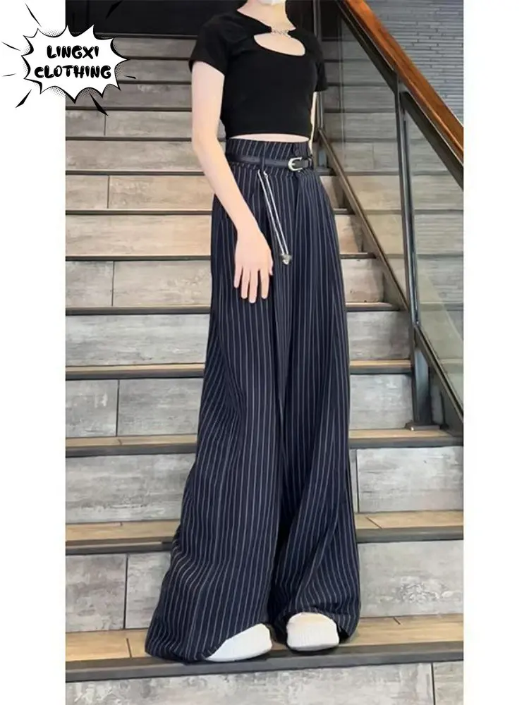 Striped Suit Pants 2023 Summer New Korean Women's Clothes Draped Casual Pants Straight Leg Loose High-waisted Wide-leg Pants