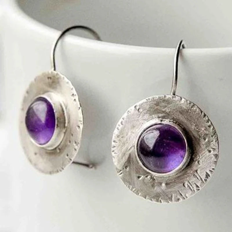 

Vinitage Silver Color Round Earrings Metal Inlaid Purple Stone Hand Carving Dangle Earrings
