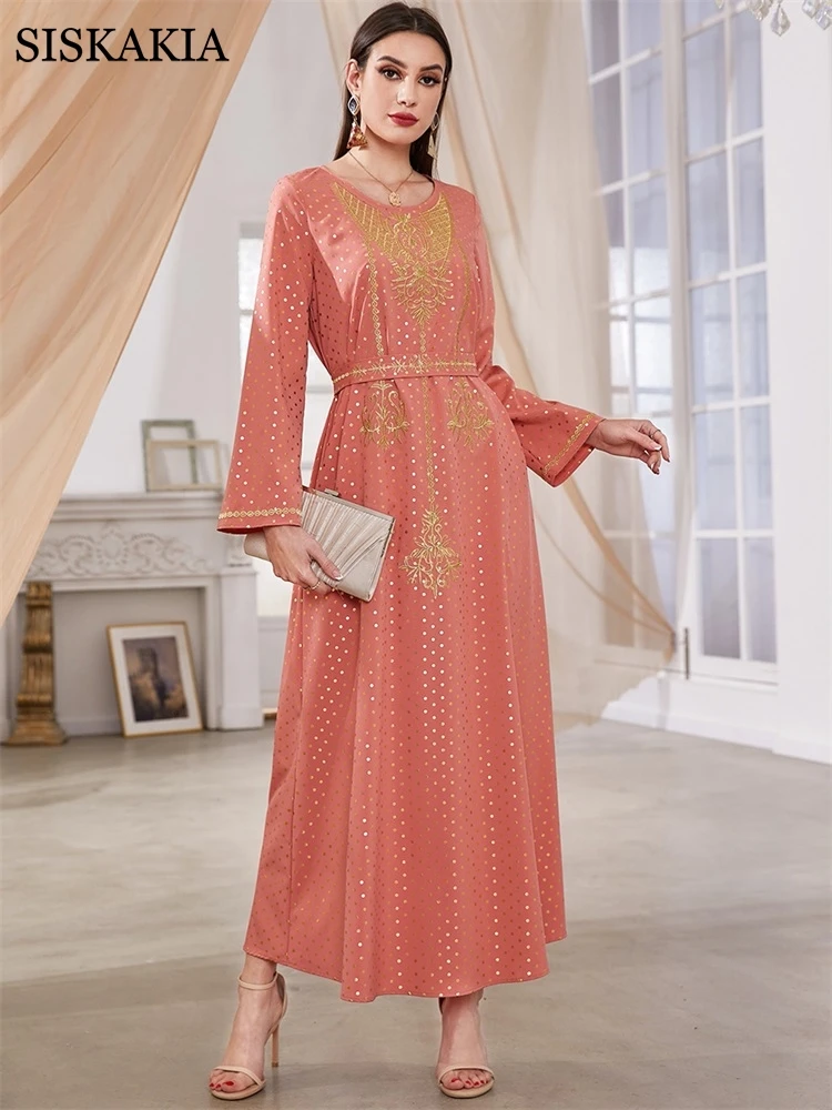 

Embroidery Summer Spring Dresses 2022 Trend Elegant Casual Crew Neck Long Sleeve Maxi Dress Women Ramadan With Belt