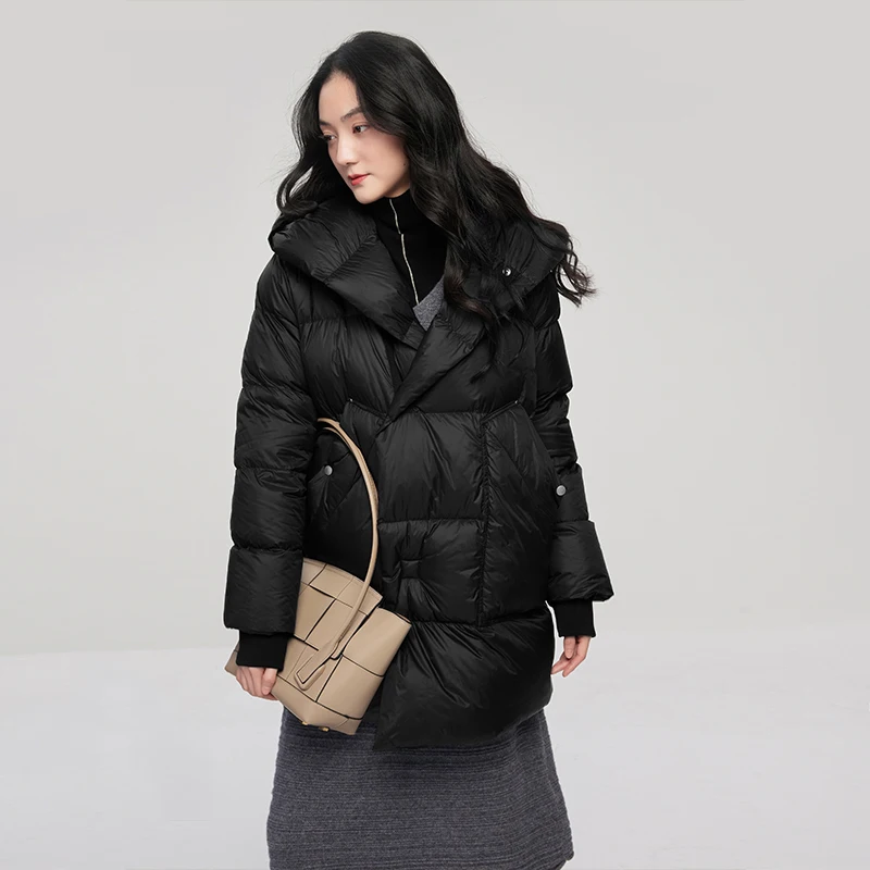 Thick Hood Women Jacket  Office Lady  90%  White Duck Down  Winter Warm Coat Women  Covered Button Adjustable Waist