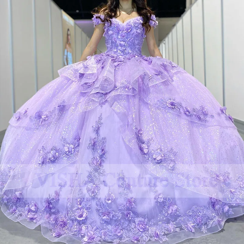 

2023 Purple Quinceanera Dress 3D Appliques Sequin Sweetheart Handmade Flower Ball Gowns Vestidos De 15 Años