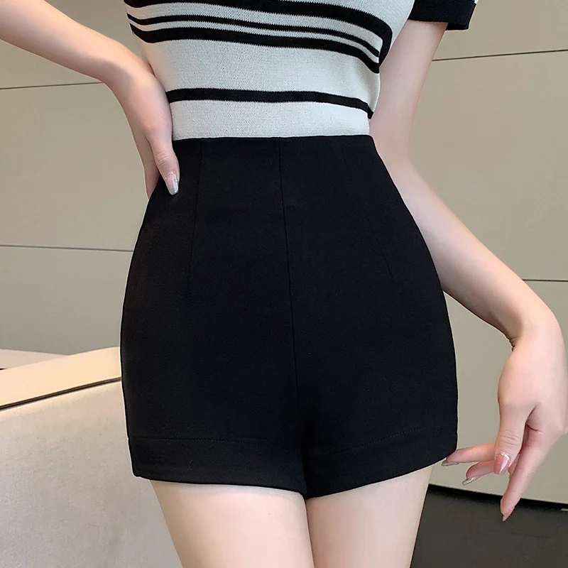 MOVOKAKA Ladies Spring Summer Black Shorts Sexy High Waist Solid Color Slim Shorts For Women Casual Tight Fit A-line Short Women