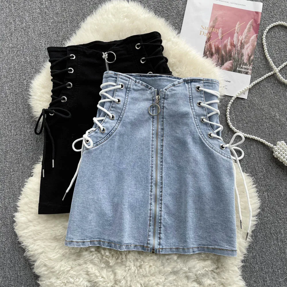 

2022 spring new bandage zipper high waist denim skirt a-line short skirt Korean version student casual bag hip skirt women