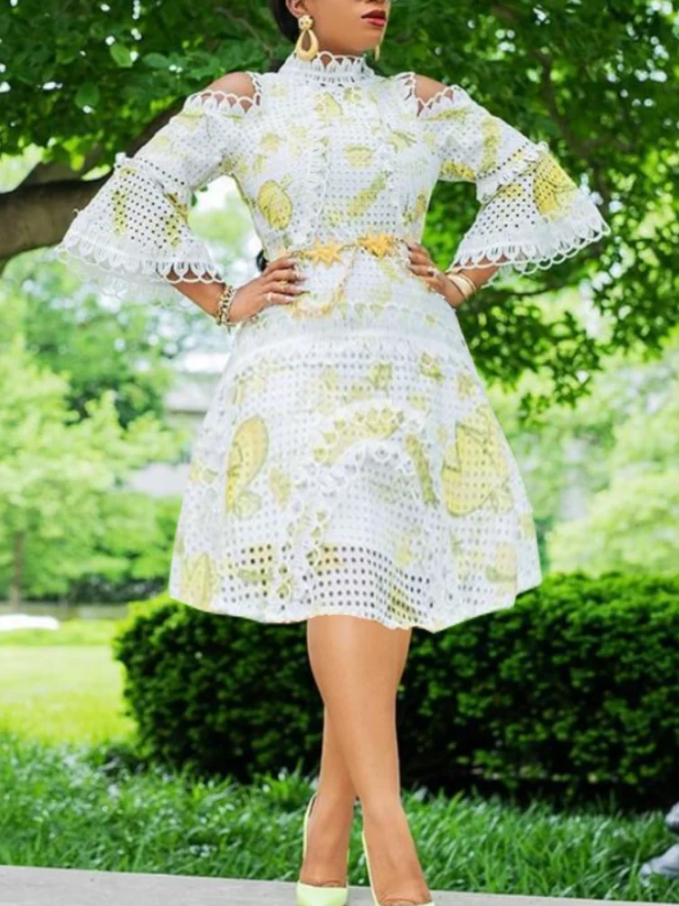 

Chic Women White Dresses Hollow Out Bare Shoulder Flare Sleeve Lace Stitching Print Dress Classy Lady Birthday Date Night Robes