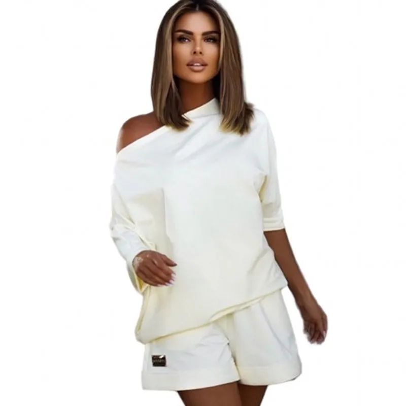 

Shorts 2 Piece Sets Women 3/4 Sleeve Skew Neck Loose Casual Tops Outfits Summer Fashion Solid Lounge Home Wear Shorts Set Suit