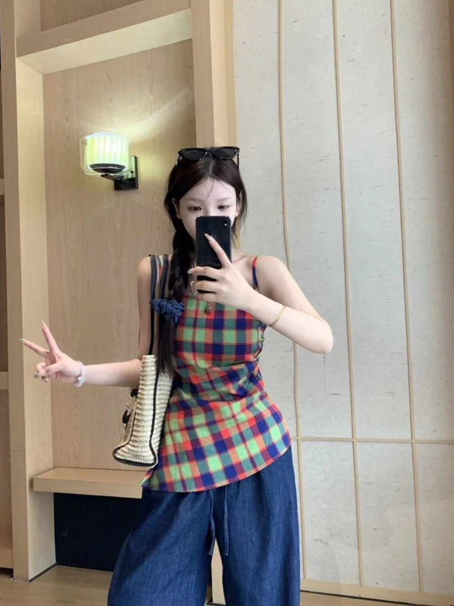 Американский винтажный желтый клетчатый жилет на бретельках женский летний Gyaru